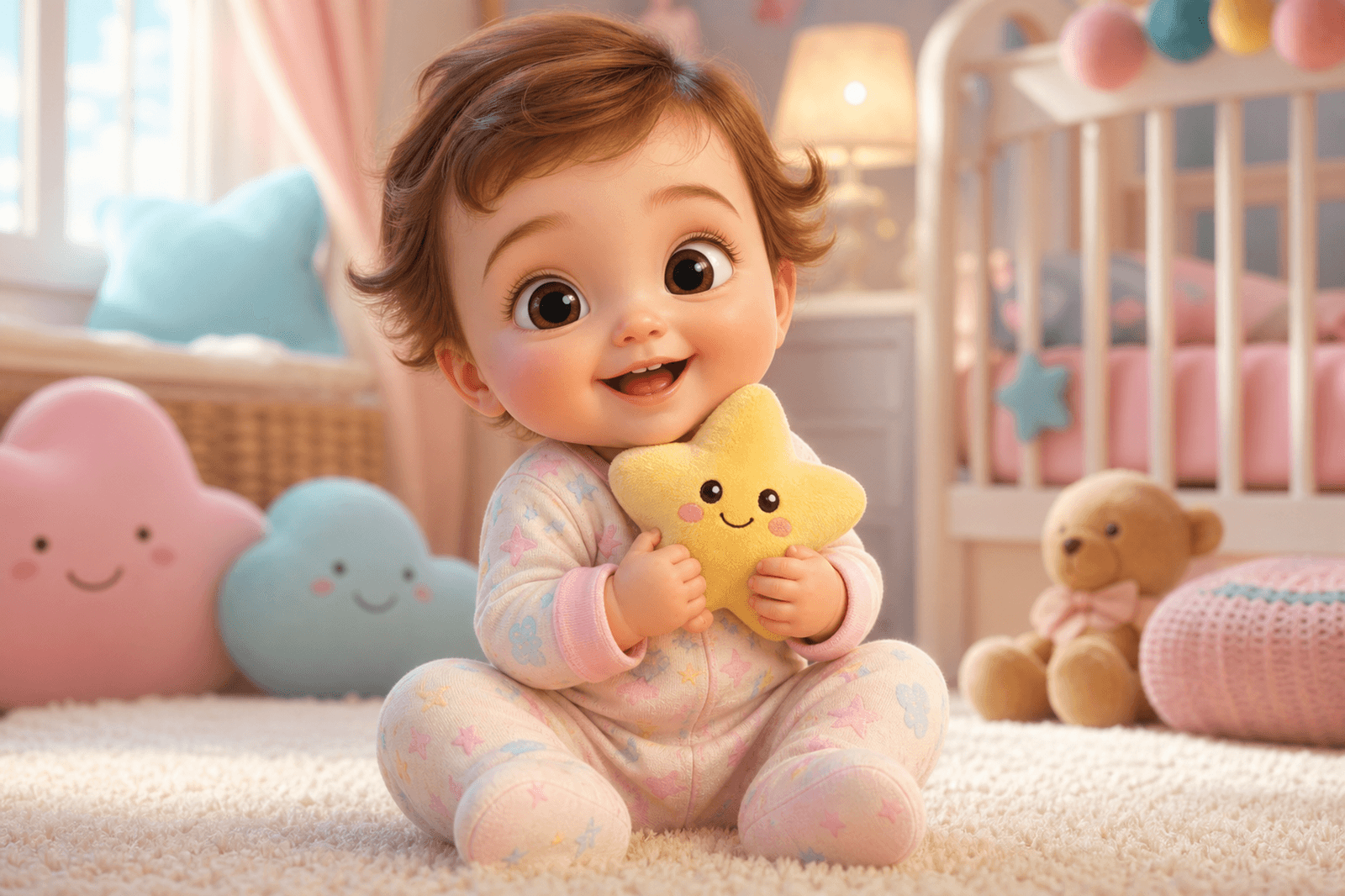 Mia with her first tooth and a star plushie